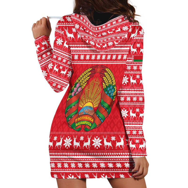 Belarus Christmas With Santa Gingerbread Playing Chess National Emblem And Nordic Pattern Design Hoodie Dress
