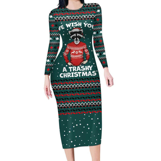 A Trashy Christmas Xmas Holiday Patterns Long Sleeve Bodycon Dress