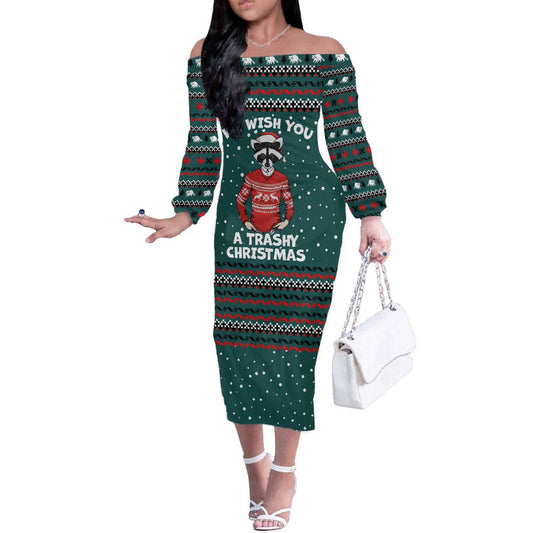 A Trashy Christmas Xmas Holiday Patterns Off The Shoulder Long Sleeve Dress