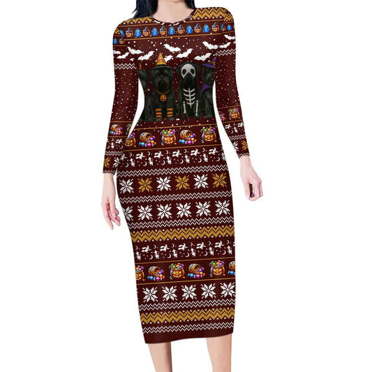 Affenpinscher Dog Halloween Christmas Xmas Holiday Patterns Long Sleeve Bodycon Dress