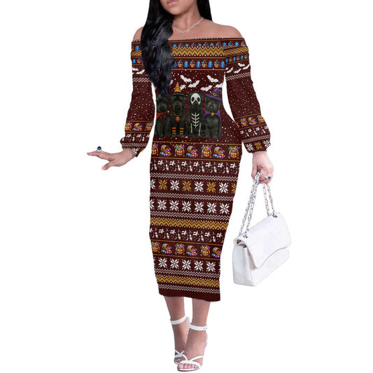 Affenpinscher Dog Halloween Christmas Xmas Holiday Patterns Off The Shoulder Long Sleeve Dress