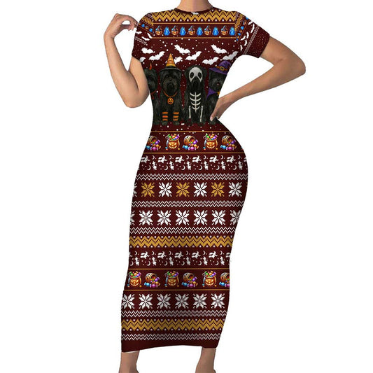 Affenpinscher Dog Halloween Christmas Xmas Holiday Patterns Short Sleeve Bodycon Dress