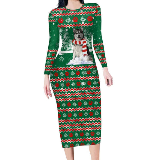 Alaskan Malamute Winter Tree Christmas Xmas Holiday Patterns Long Sleeve Bodycon Dress