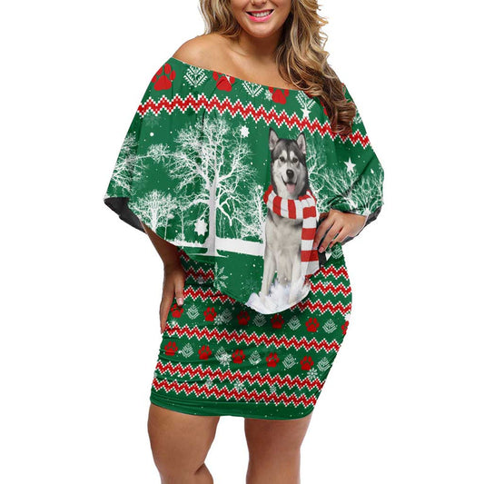Alaskan Malamute Winter Tree Christmas Xmas Holiday Patterns Off Shoulder Short Dress