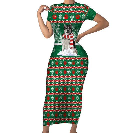 Alaskan Malamute Winter Tree Christmas Xmas Holiday Patterns Short Sleeve Bodycon Dress