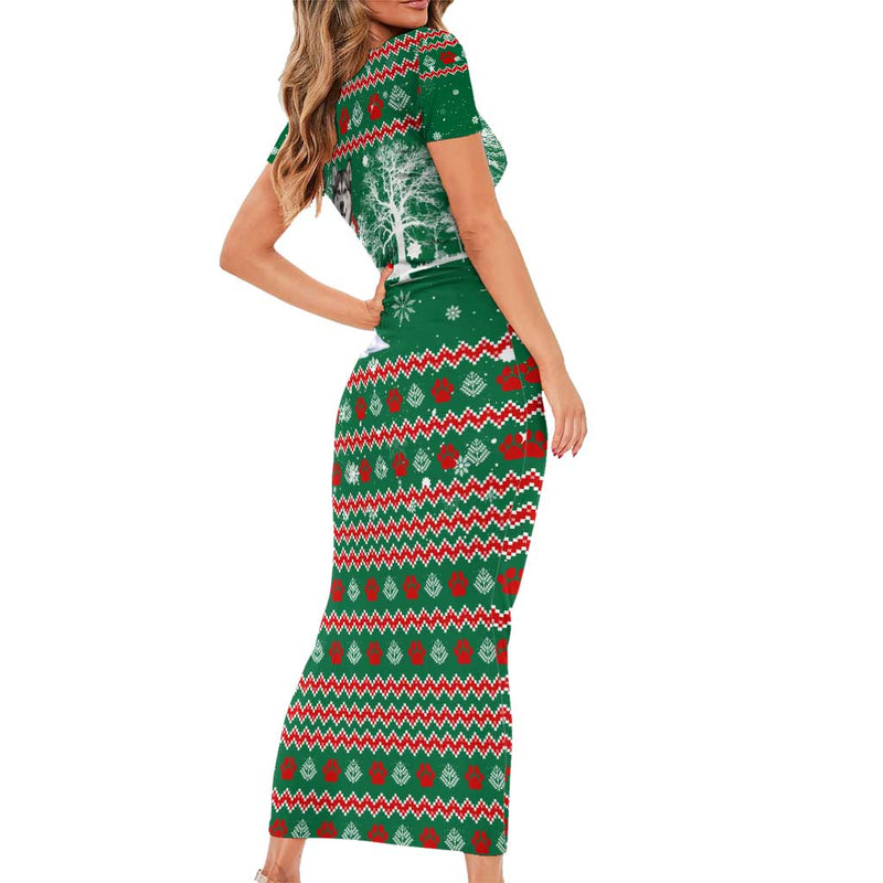 Alaskan Malamute Winter Tree Christmas Xmas Holiday Patterns Short Sleeve Bodycon Dress