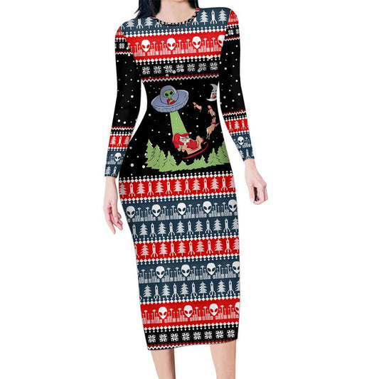 Alien Christmas Xmas Holiday Patterns Long Sleeve Bodycon Dress