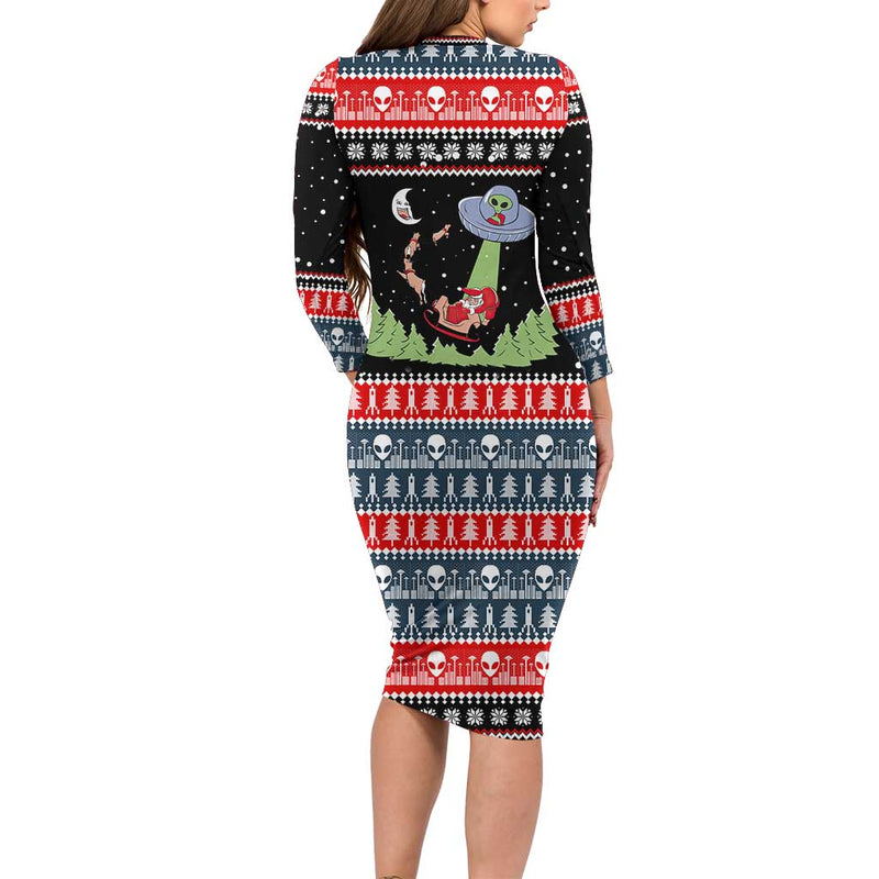 Alien Christmas Xmas Holiday Patterns Long Sleeve Bodycon Dress