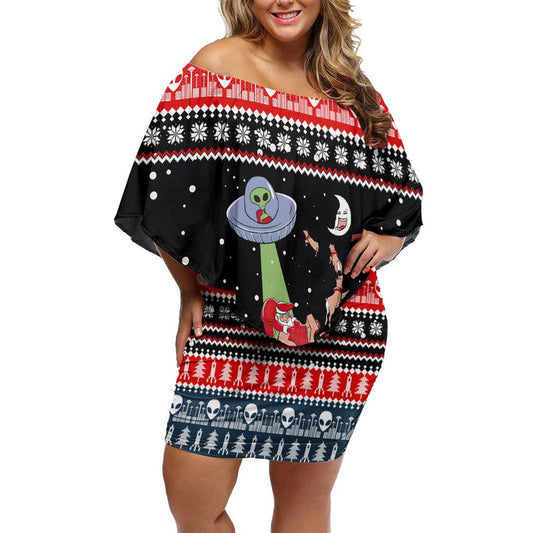 Alien Christmas Xmas Holiday Patterns Off Shoulder Short Dress