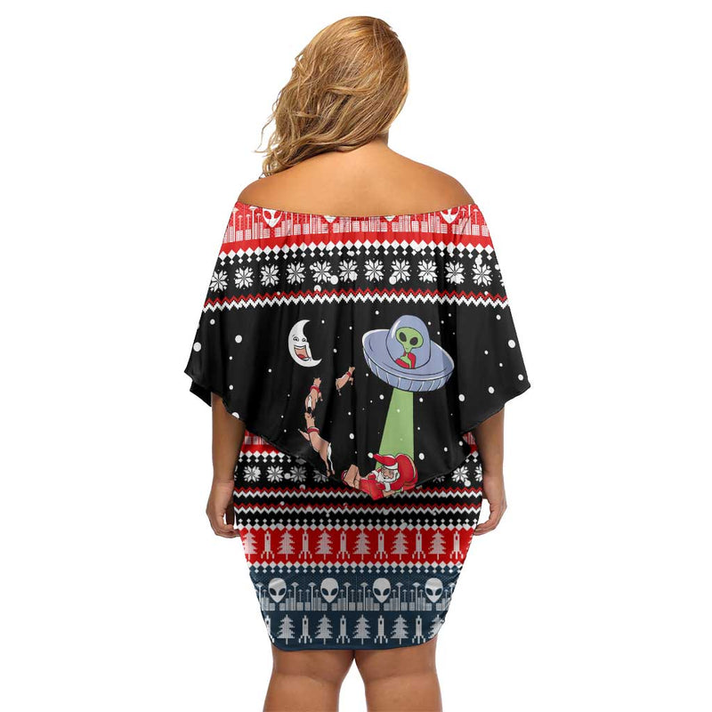 Alien Christmas Xmas Holiday Patterns Off Shoulder Short Dress