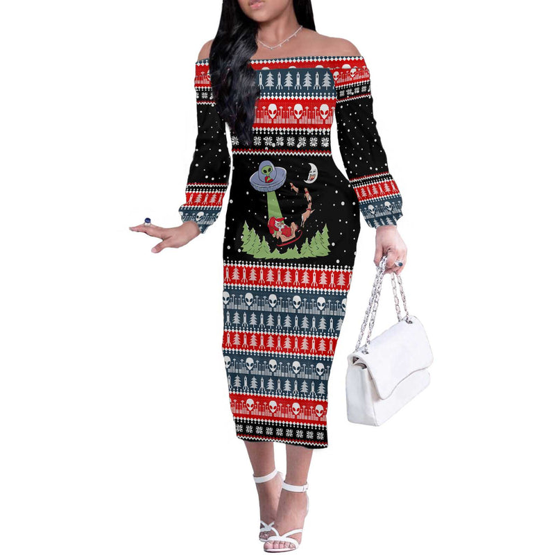 Alien Christmas Xmas Holiday Patterns Off The Shoulder Long Sleeve Dress