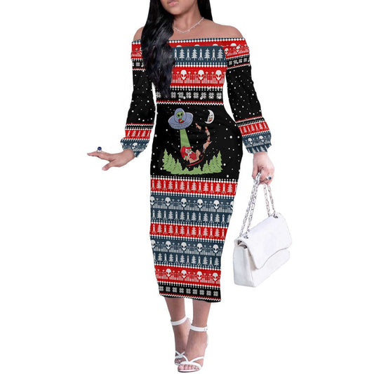 Alien Christmas Xmas Holiday Patterns Off The Shoulder Long Sleeve Dress