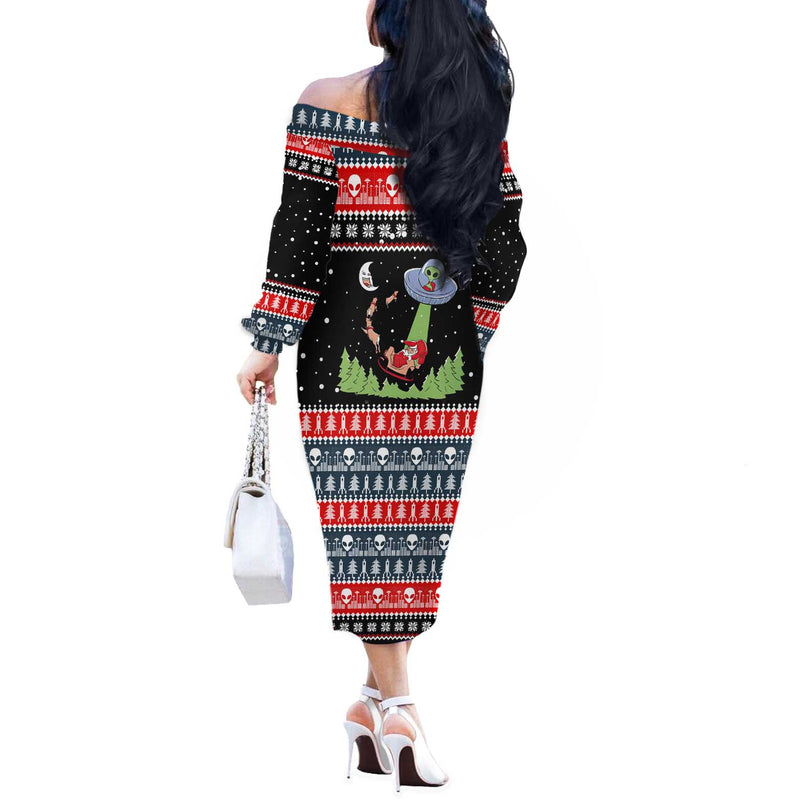Alien Christmas Xmas Holiday Patterns Off The Shoulder Long Sleeve Dress