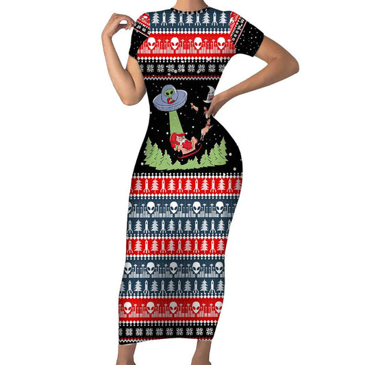 Alien Christmas Xmas Holiday Patterns Short Sleeve Bodycon Dress