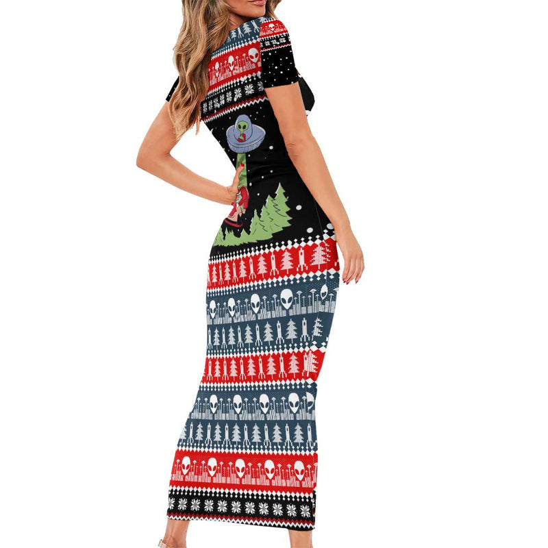 Alien Christmas Xmas Holiday Patterns Short Sleeve Bodycon Dress
