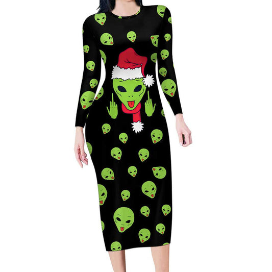 Alien Christmas Xmas Holiday Patterns Long Sleeve Bodycon Dress
