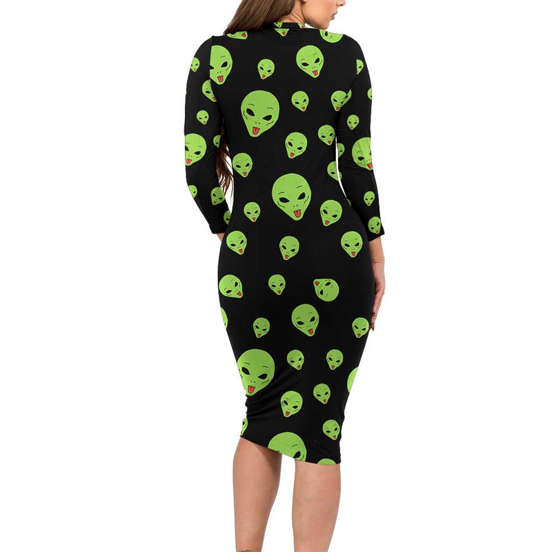 Alien Christmas Xmas Holiday Patterns Long Sleeve Bodycon Dress