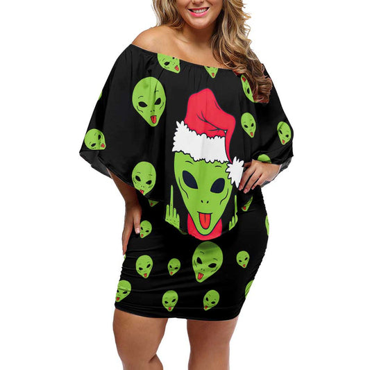 Alien Christmas Xmas Holiday Patterns Off Shoulder Short Dress