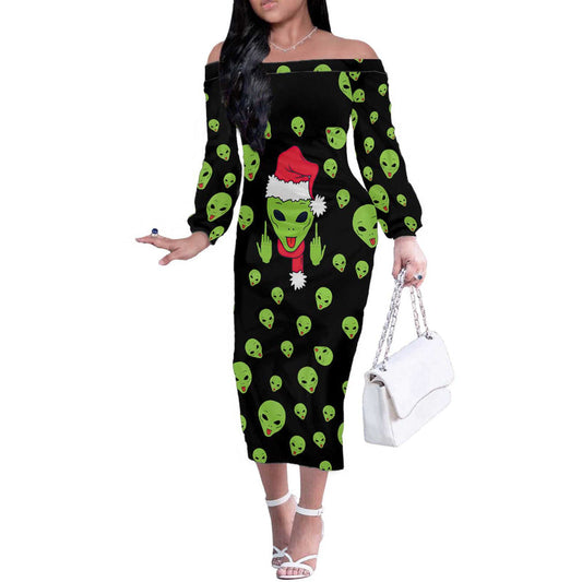 Alien Christmas Xmas Holiday Patterns Off The Shoulder Long Sleeve Dress