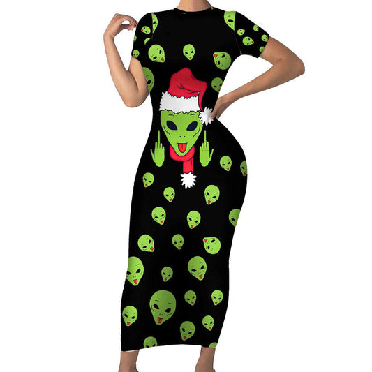 Alien Christmas Xmas Holiday Patterns Short Sleeve Bodycon Dress