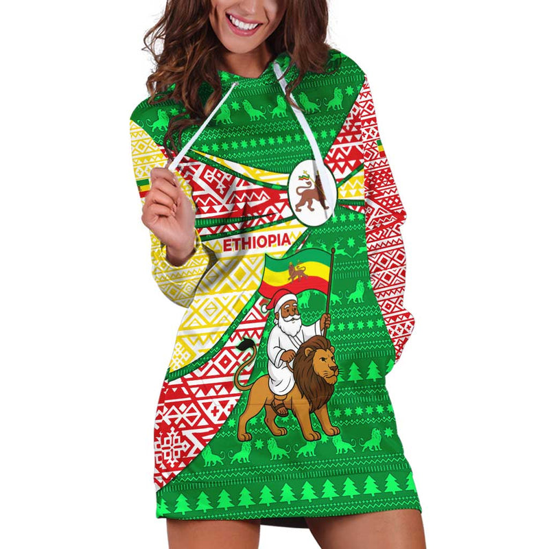 Ethiopia Christmas With Santa Riding Lion Ethiopian Flag Colors And Tribal Pattern Design Hoodie Dress