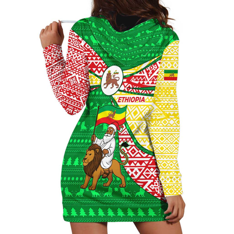 Ethiopia Christmas With Santa Riding Lion Ethiopian Flag Colors And Tribal Pattern Design Hoodie Dress