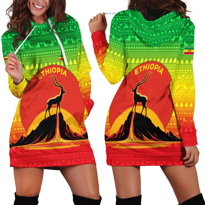 Ethiopia Christmas With Mountain Gazelle Sunset Ethiopian Flag Colors And Tribal Pattern Design Hoodie Dress