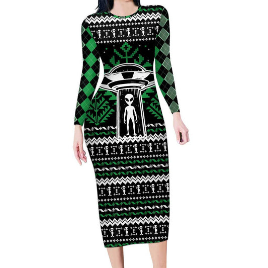 Alien Christmas Xmas Holiday Patterns Long Sleeve Bodycon Dress