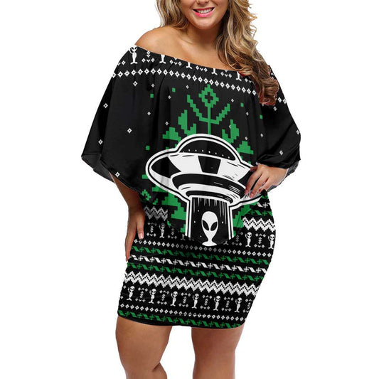 Alien Christmas Xmas Holiday Patterns Off Shoulder Short Dress