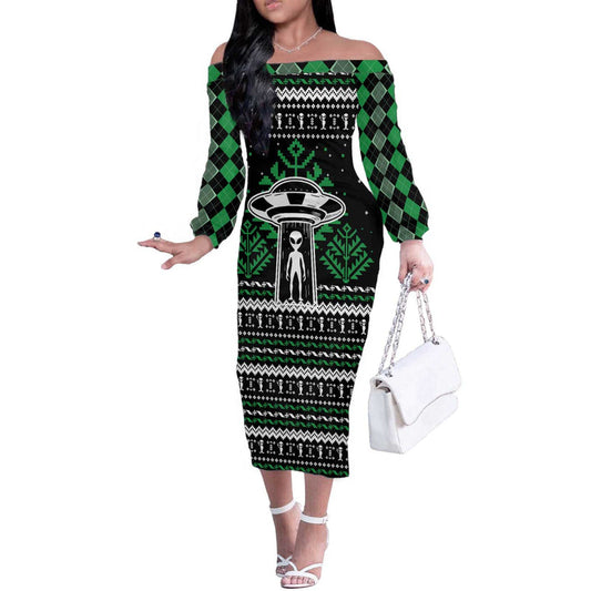 Alien Christmas Xmas Holiday Patterns Off The Shoulder Long Sleeve Dress