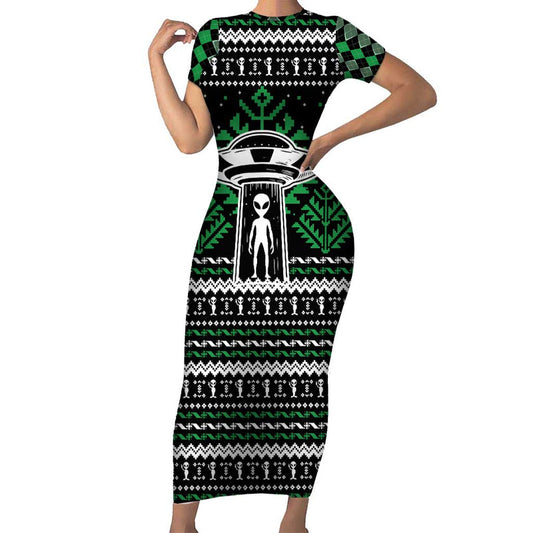 Alien Christmas Xmas Holiday Patterns Short Sleeve Bodycon Dress