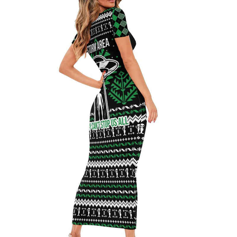 Alien Christmas Xmas Holiday Patterns Short Sleeve Bodycon Dress