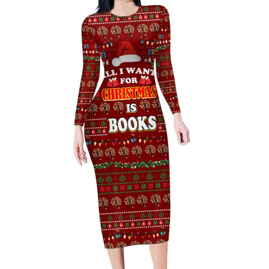 All I Want For Christmas Is Books Christmas Xmas Holiday Patterns Long Sleeve Bodycon Dress