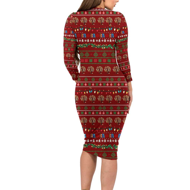 All I Want For Christmas Is Books Christmas Xmas Holiday Patterns Long Sleeve Bodycon Dress