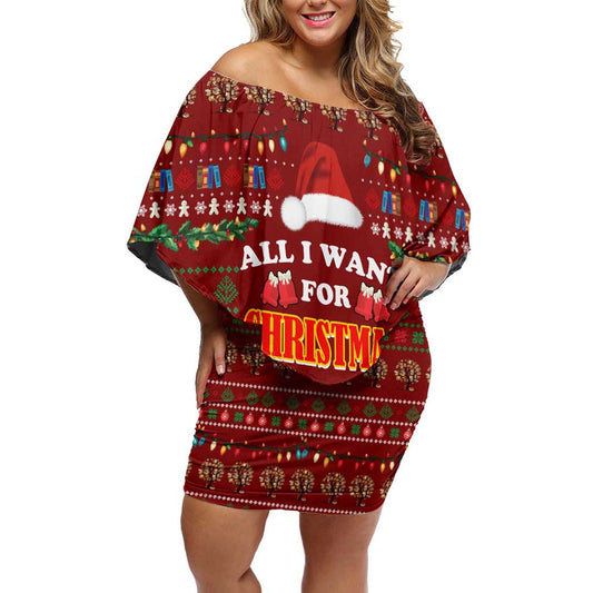 All I Want For Christmas Is Books Christmas Xmas Holiday Patterns Off Shoulder Short Dress
