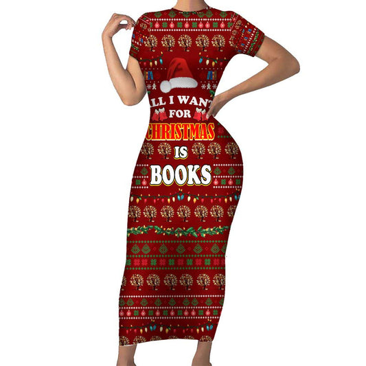 All I Want For Christmas Is Books Christmas Xmas Holiday Patterns Short Sleeve Bodycon Dress