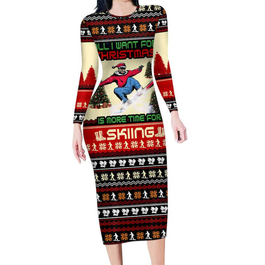 All I Want For Christmas Is Skiing Christmas Xmas Holiday Patterns Long Sleeve Bodycon Dress