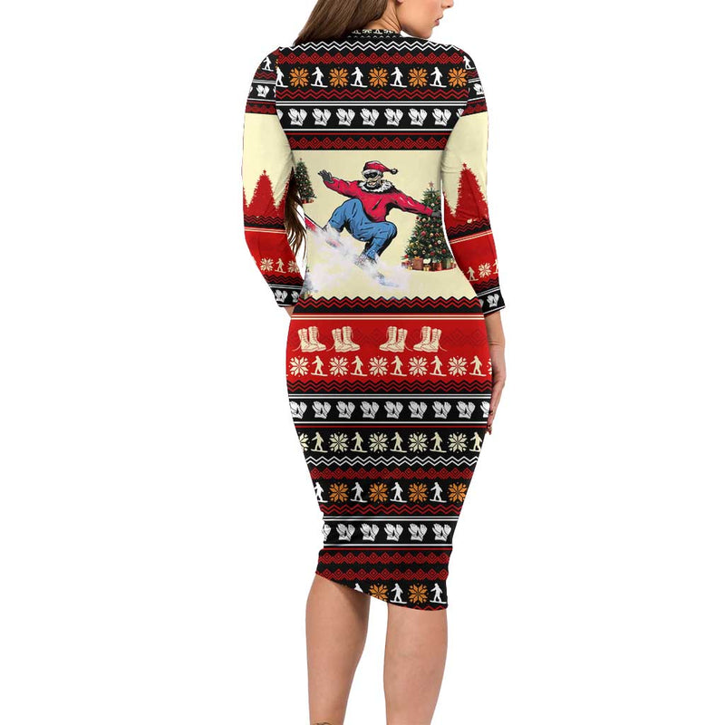 All I Want For Christmas Is Skiing Christmas Xmas Holiday Patterns Long Sleeve Bodycon Dress