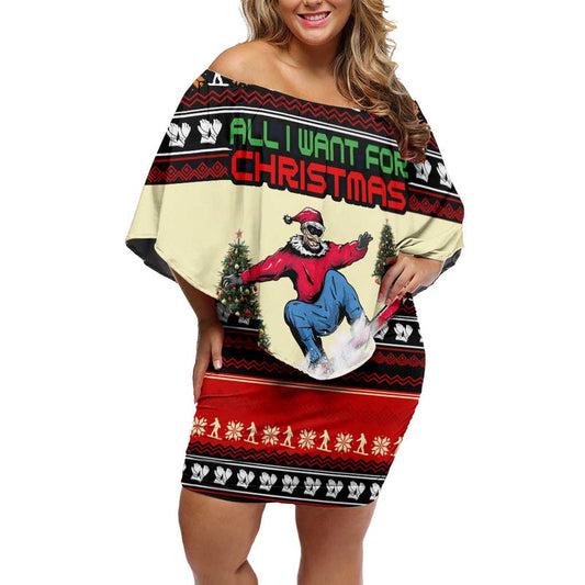 All I Want For Christmas Is Skiing Christmas Xmas Holiday Patterns Off Shoulder Short Dress