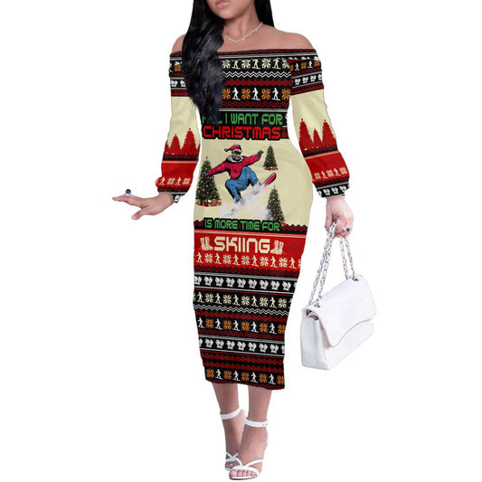 All I Want For Christmas Is Skiing Christmas Xmas Holiday Patterns Off The Shoulder Long Sleeve Dress