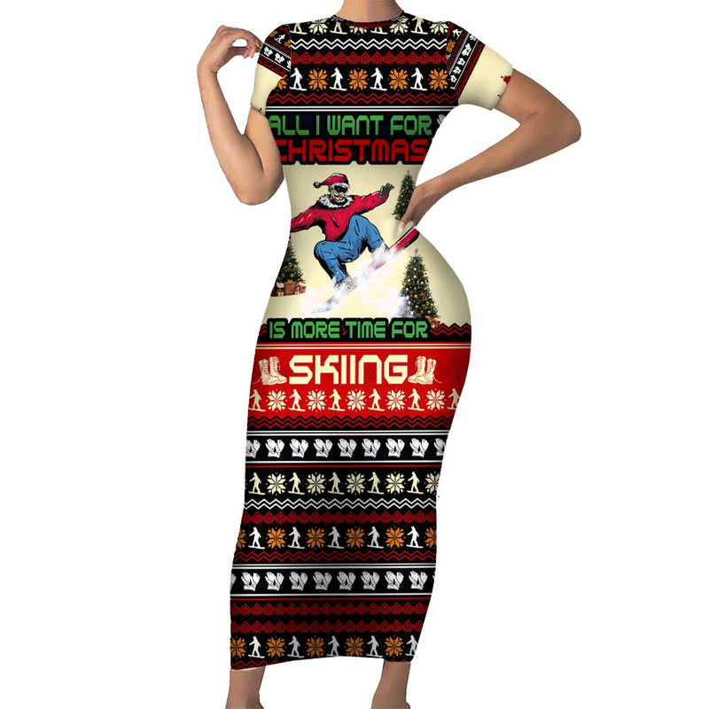 All I Want For Christmas Is Skiing Christmas Xmas Holiday Patterns Short Sleeve Bodycon Dress