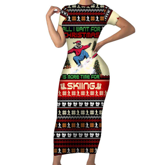 All I Want For Christmas Is Skiing Christmas Xmas Holiday Patterns Short Sleeve Bodycon Dress