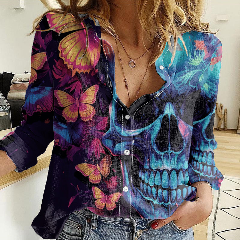 Fantasy Skull with Butterflies Love me or hate me i&#39;m still gonna shine Women Casual Shirt