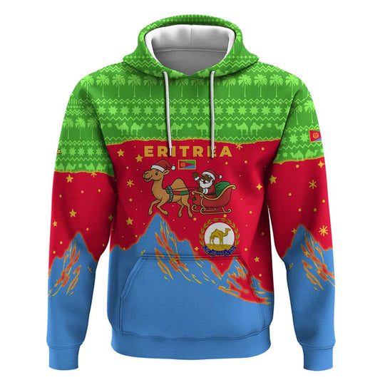 Eritrea Christmas With Santa Claus Camel Sleigh National Emblem And Red Green Blue Pattern Hoodie
