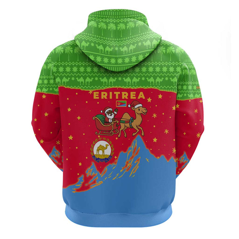 Eritrea Christmas With Santa Claus Camel Sleigh National Emblem And Red Green Blue Pattern Hoodie