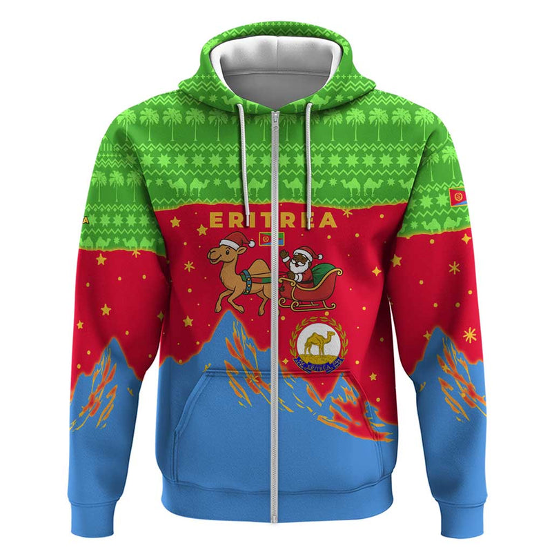 Eritrea Christmas With Santa Claus Camel Sleigh National Emblem And Red Green Blue Pattern Hoodie