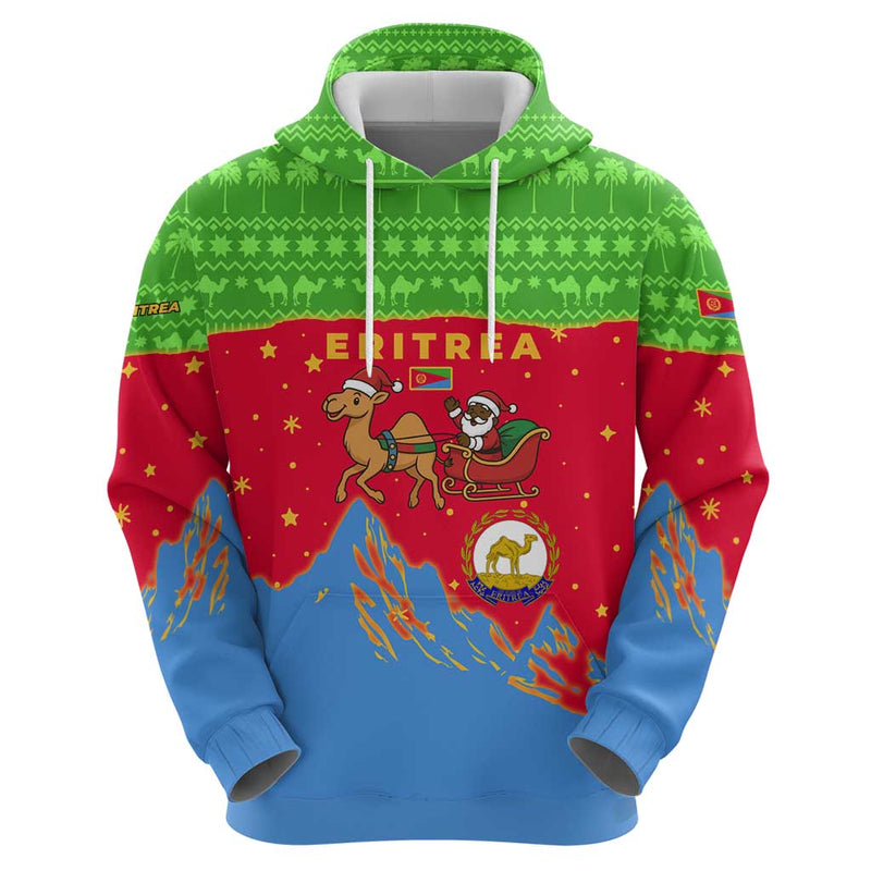 Eritrea Christmas With Santa Claus Camel Sleigh National Emblem And Red Green Blue Pattern Hoodie