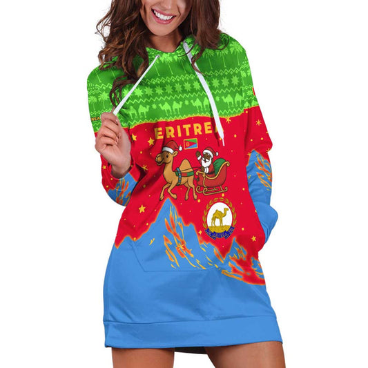 Eritrea Christmas With Santa Claus Camel Sleigh National Emblem And Red Green Blue Pattern Hoodie Dress