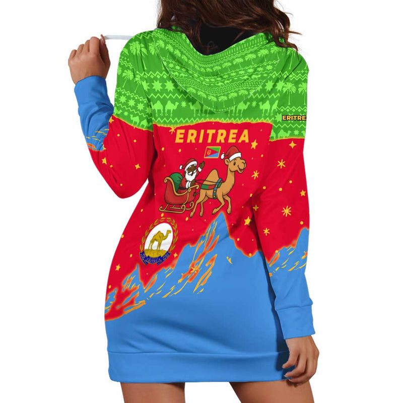 Eritrea Christmas With Santa Claus Camel Sleigh National Emblem And Red Green Blue Pattern Hoodie Dress
