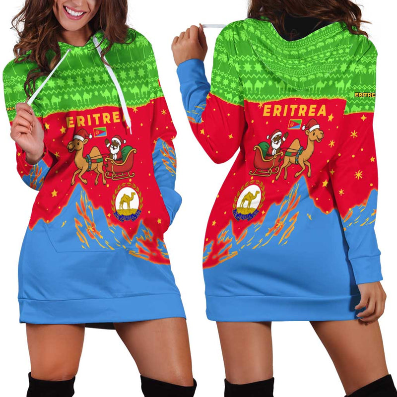Eritrea Christmas With Santa Claus Camel Sleigh National Emblem And Red Green Blue Pattern Hoodie Dress
